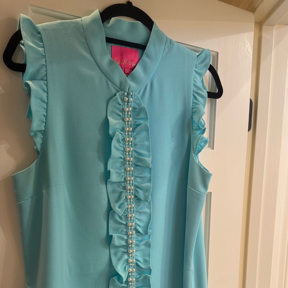 baby blue Lilly pulitzer dress with pearls and zipper front